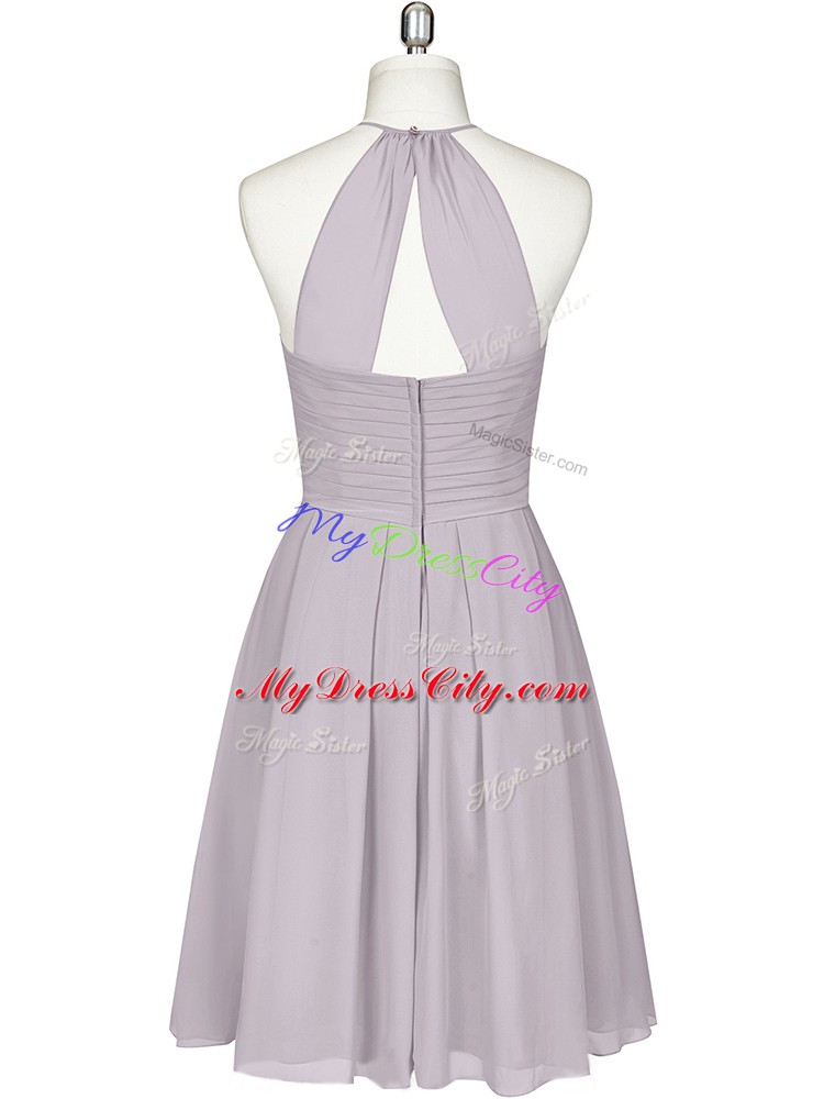 Modest Sleeveless Knee Length Ruching Zipper Prom Gown with Grey