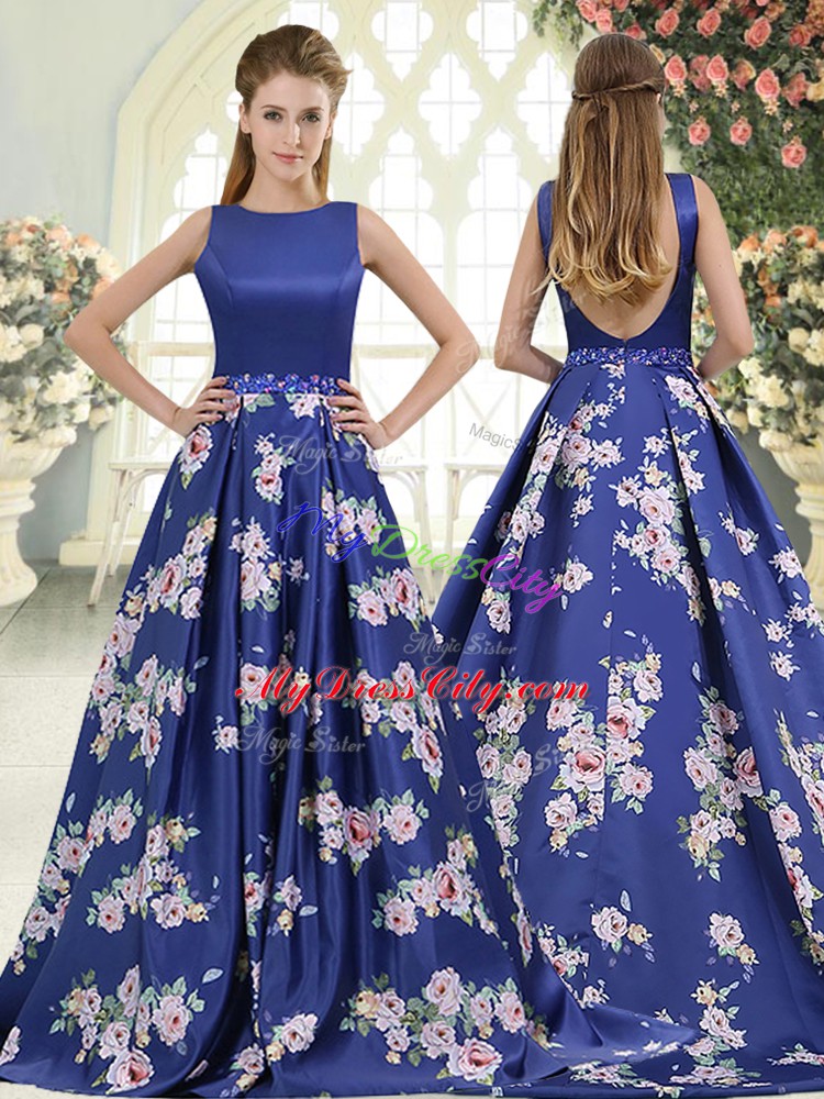 Beading and Pattern Royal Blue Backless Sleeveless Brush Train