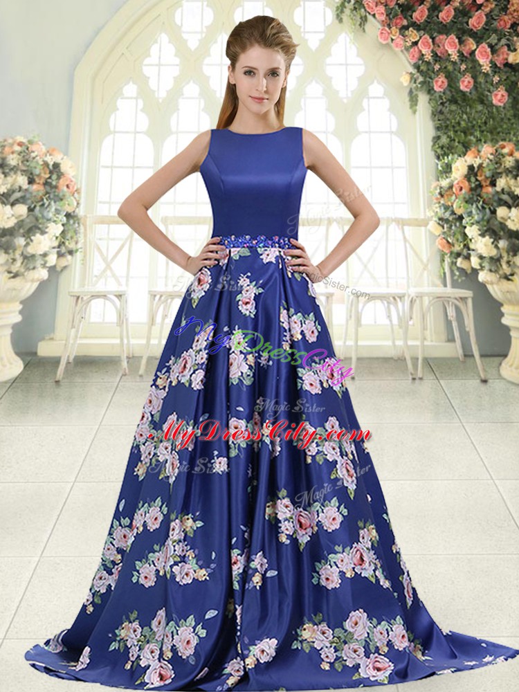 Beading and Pattern Royal Blue Backless Sleeveless Brush Train