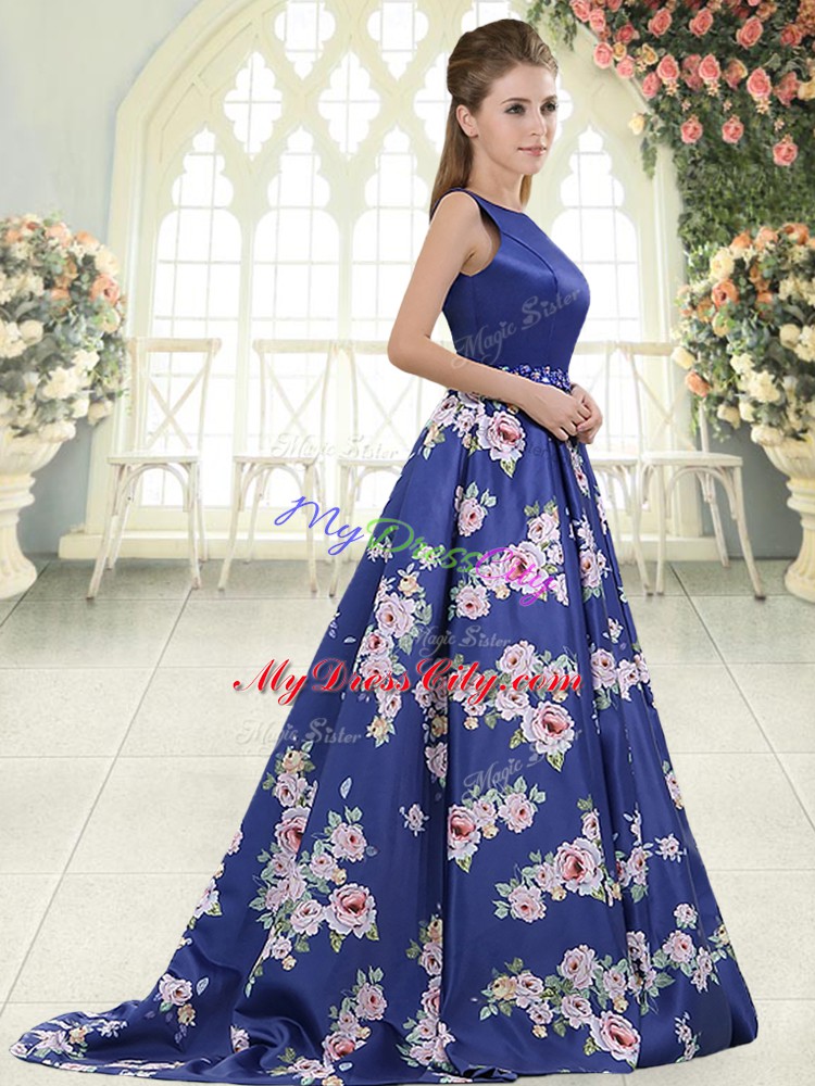 Beading and Pattern Royal Blue Backless Sleeveless Brush Train