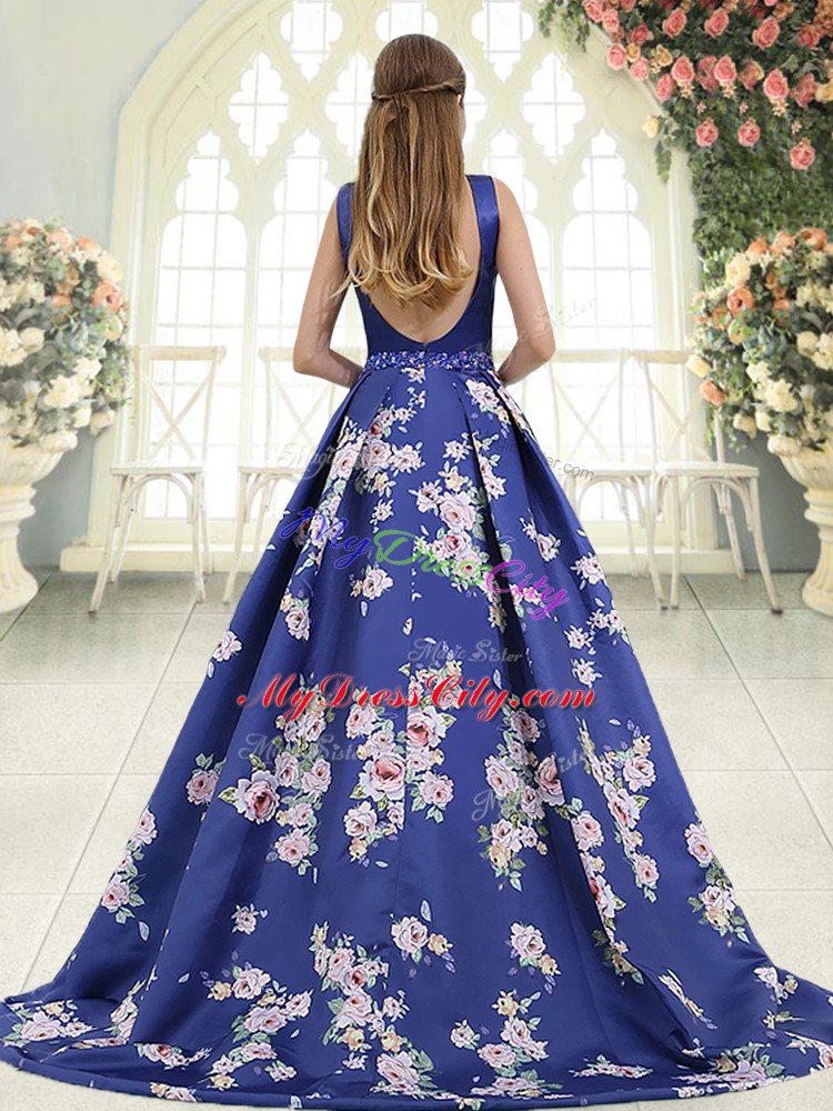 Beading and Pattern Royal Blue Backless Sleeveless Brush Train