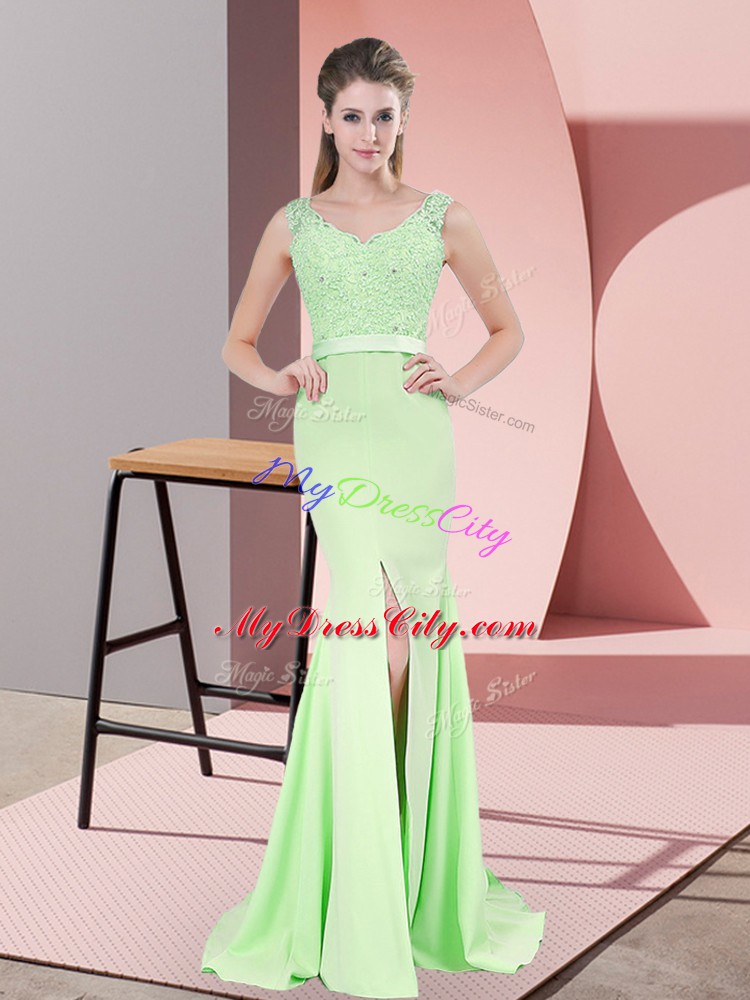 Wonderful Sleeveless Sweep Train Zipper Beading and Lace Formal Evening Gowns