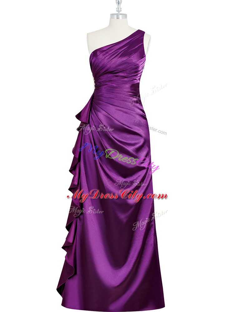 Customized Elastic Woven Satin One Shoulder Sleeveless Side Zipper Beading and Ruching and Pleated Prom Party Dress in Purple