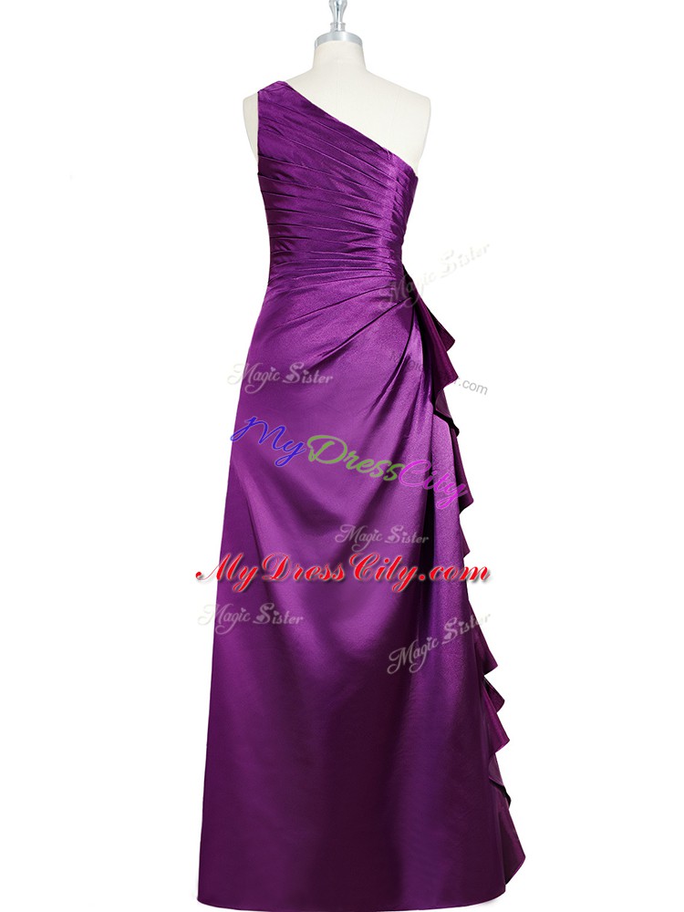 Customized Elastic Woven Satin One Shoulder Sleeveless Side Zipper Beading and Ruching and Pleated Prom Party Dress in Purple