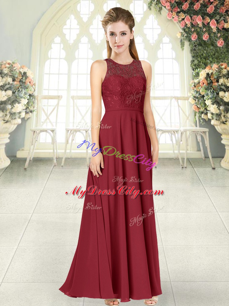 Nice Sleeveless Chiffon Floor Length Backless in Burgundy with Lace