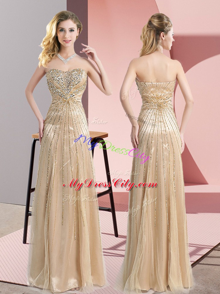 Latest Champagne Sleeveless Floor Length Beading Zipper Prom Dresses