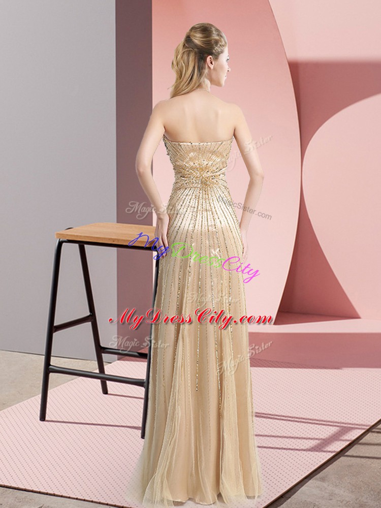 Latest Champagne Sleeveless Floor Length Beading Zipper Prom Dresses