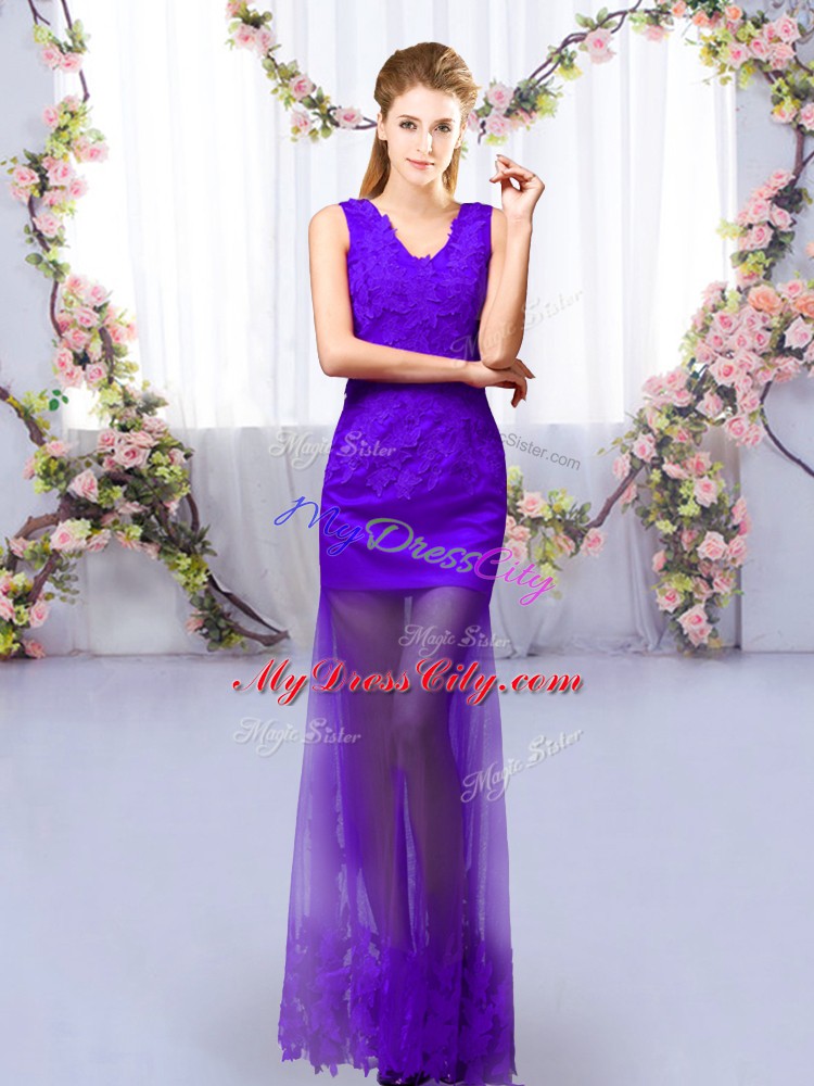 Purple V-neck Neckline Lace Bridesmaid Dresses Sleeveless Lace Up