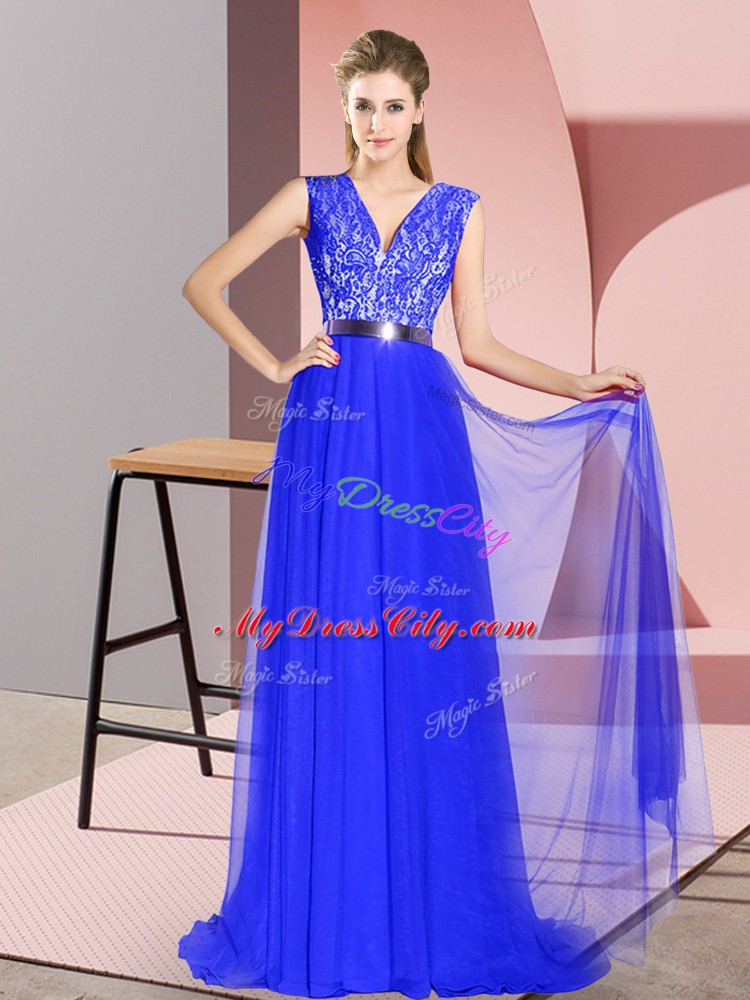 Royal Blue Zipper Prom Dress Beading and Lace Sleeveless Sweep Train