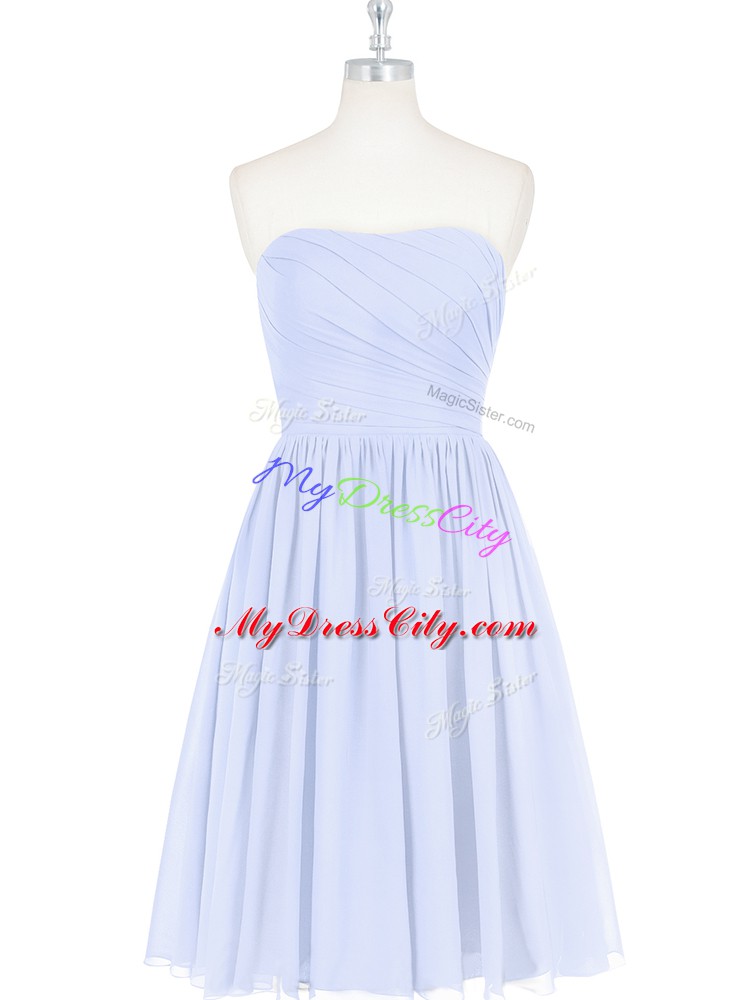 Strapless Sleeveless Prom Evening Gown Knee Length Ruching and Pleated Light Blue Chiffon