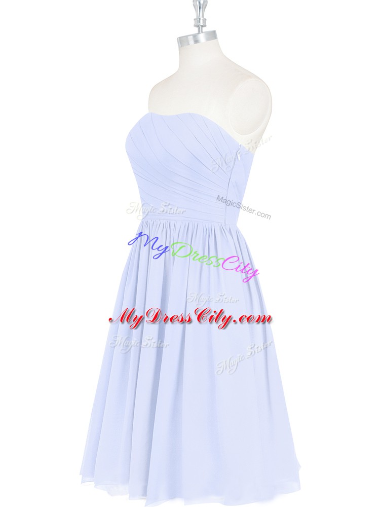 Strapless Sleeveless Prom Evening Gown Knee Length Ruching and Pleated Light Blue Chiffon