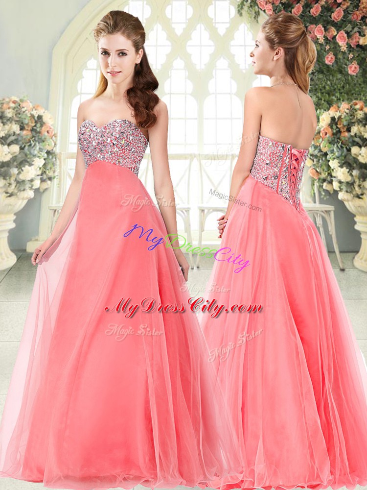 Fashionable Beading Watermelon Red Lace Up Sleeveless Floor Length