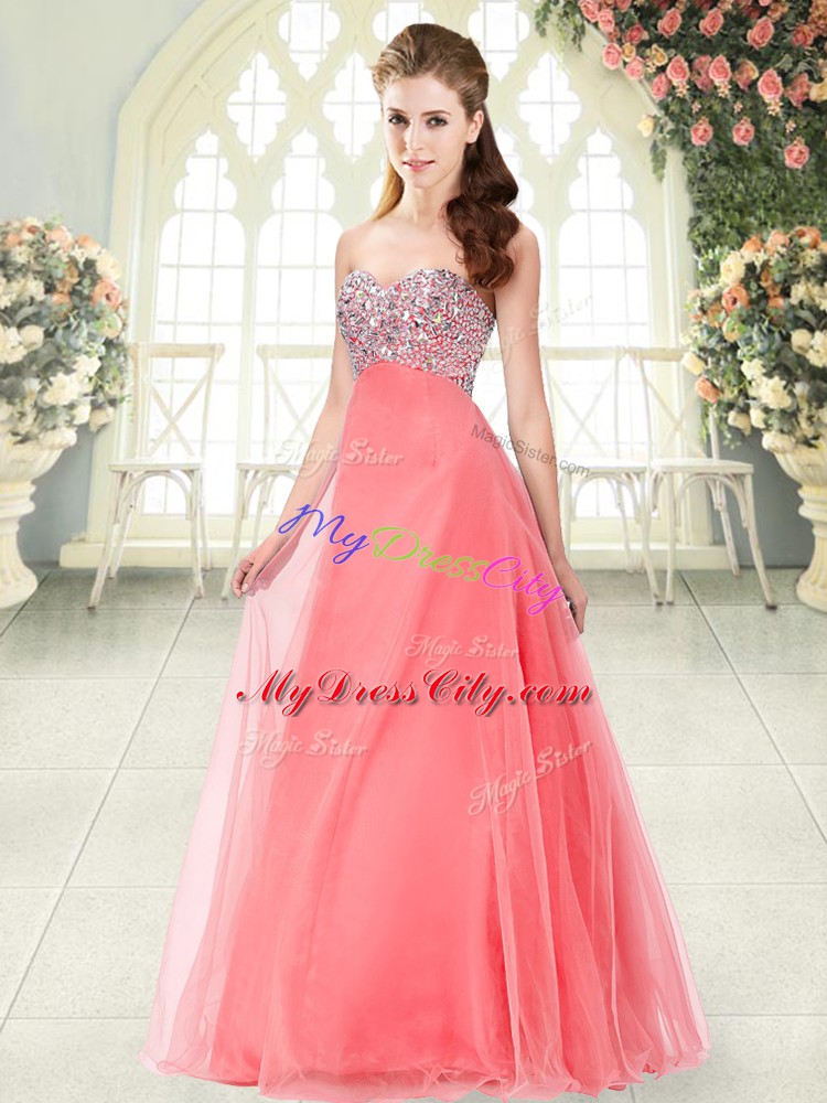 Fashionable Beading Watermelon Red Lace Up Sleeveless Floor Length