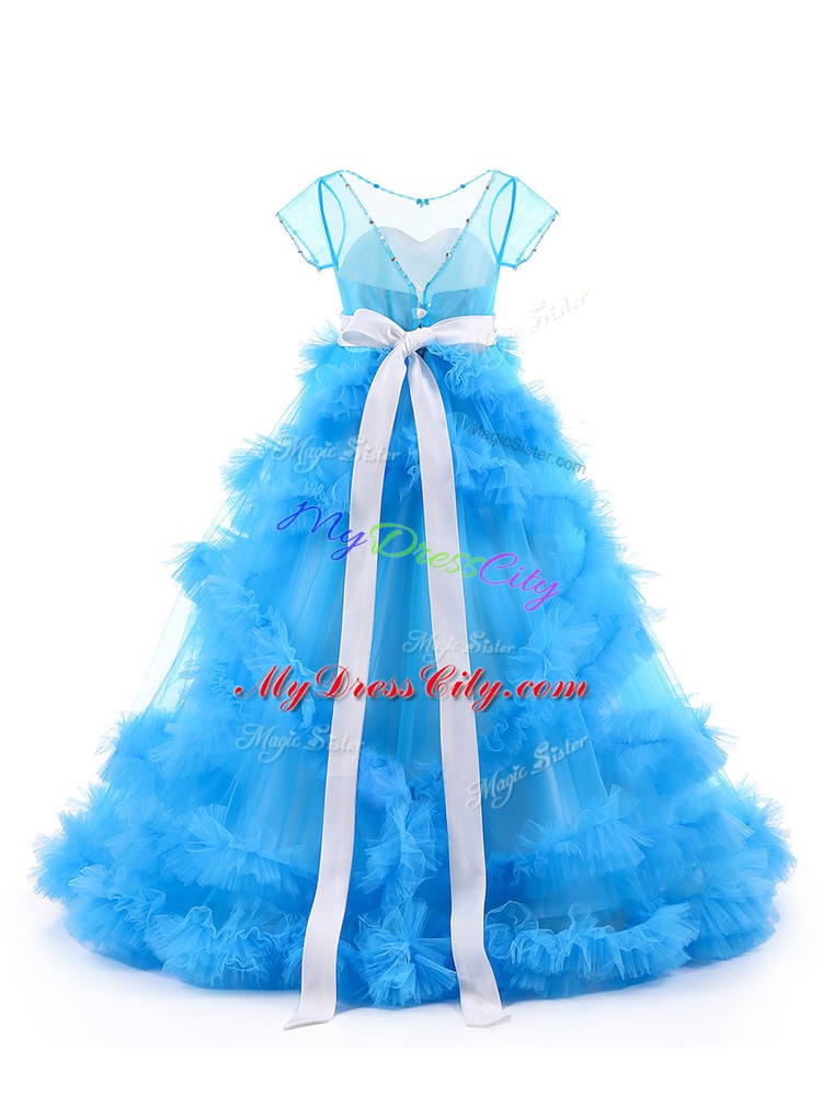 Baby Blue Short Sleeves Floor Length Beading and Ruffles Backless Pageant Dress for Girls