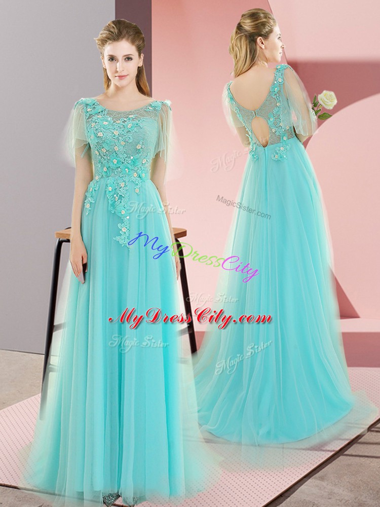 Edgy Aqua Blue Tulle Backless Scoop Sleeveless Sweep Train Appliques