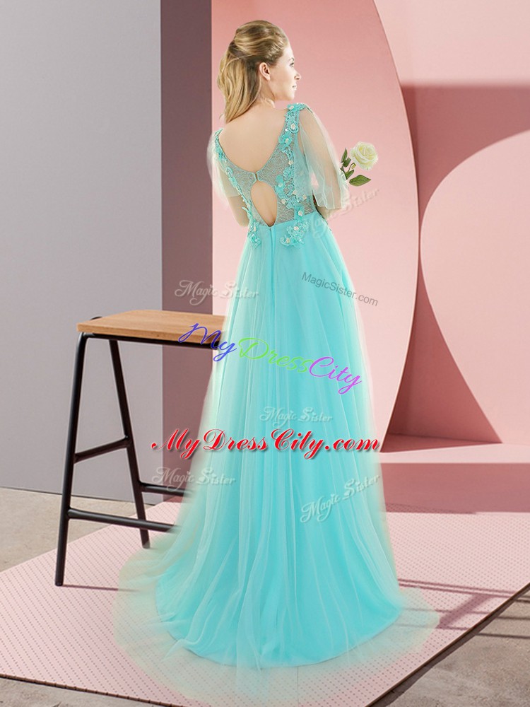 Edgy Aqua Blue Tulle Backless Scoop Sleeveless Sweep Train Appliques