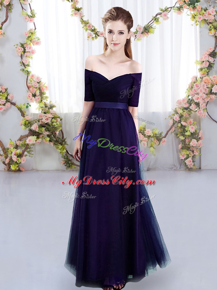 Chic Floor Length Lace Up Damas Dress Purple for Prom and Party and Wedding Party with Ruching