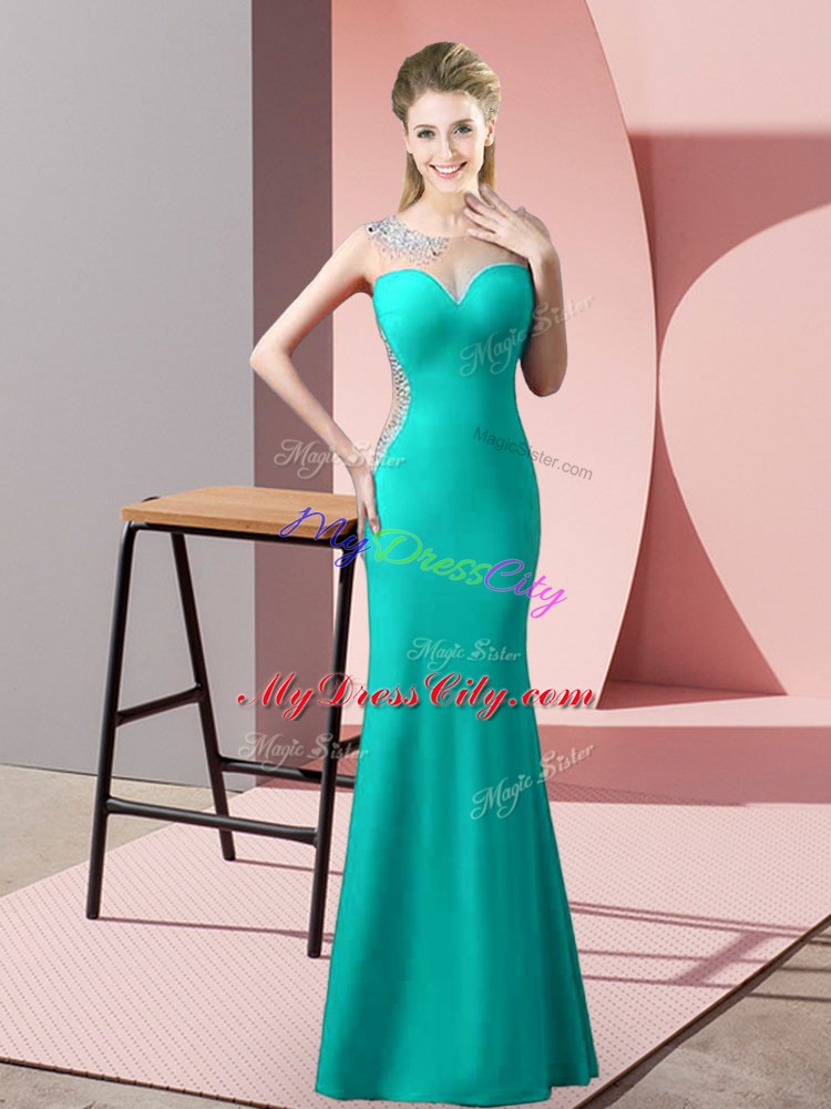 Dramatic Turquoise Zipper Dress for Prom Beading Sleeveless Floor Length