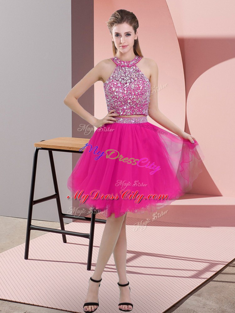 Hot Pink Backless Halter Top Beading Prom Dress Organza Sleeveless