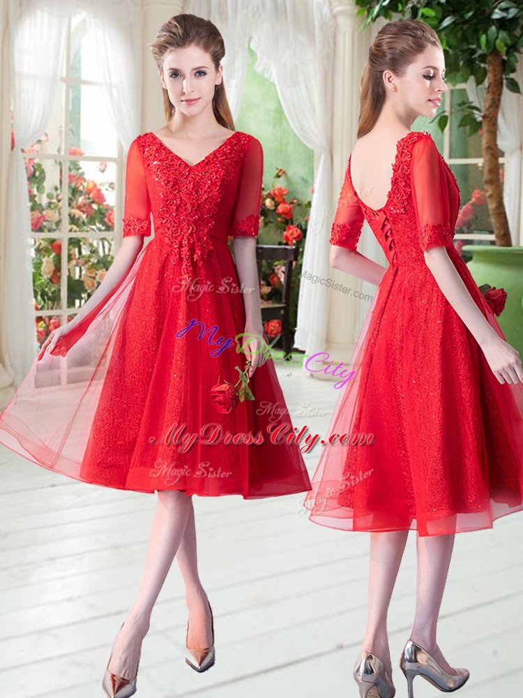 Half Sleeves Tulle Knee Length Lace Up Homecoming Dress in Red with Beading and Appliques