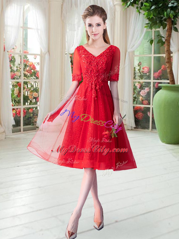 Half Sleeves Tulle Knee Length Lace Up Homecoming Dress in Red with Beading and Appliques