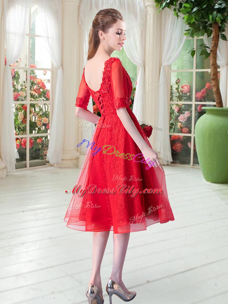 Half Sleeves Tulle Knee Length Lace Up Homecoming Dress in Red with Beading and Appliques