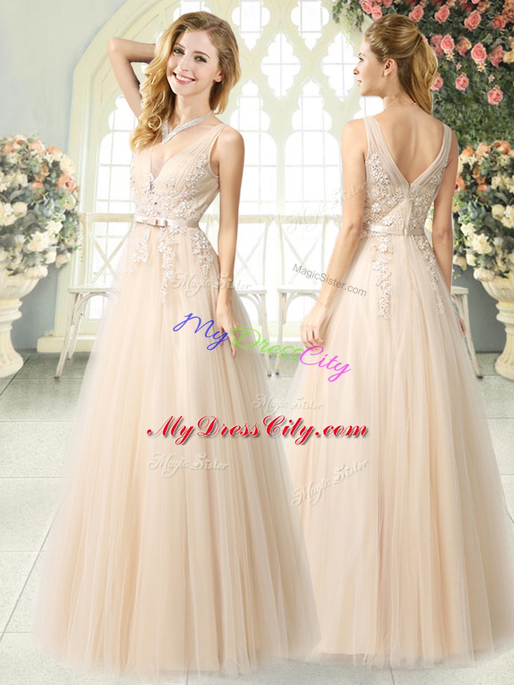 Unique Champagne Zipper V-neck Appliques Prom Evening Gown Tulle Sleeveless