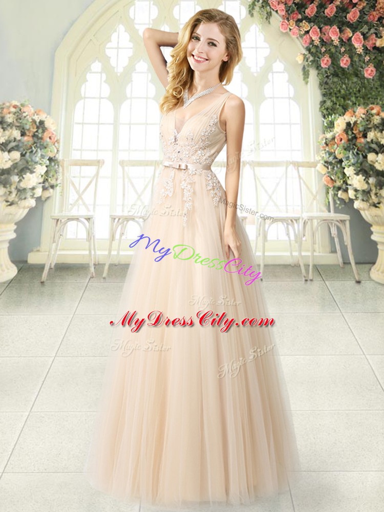 Unique Champagne Zipper V-neck Appliques Prom Evening Gown Tulle Sleeveless