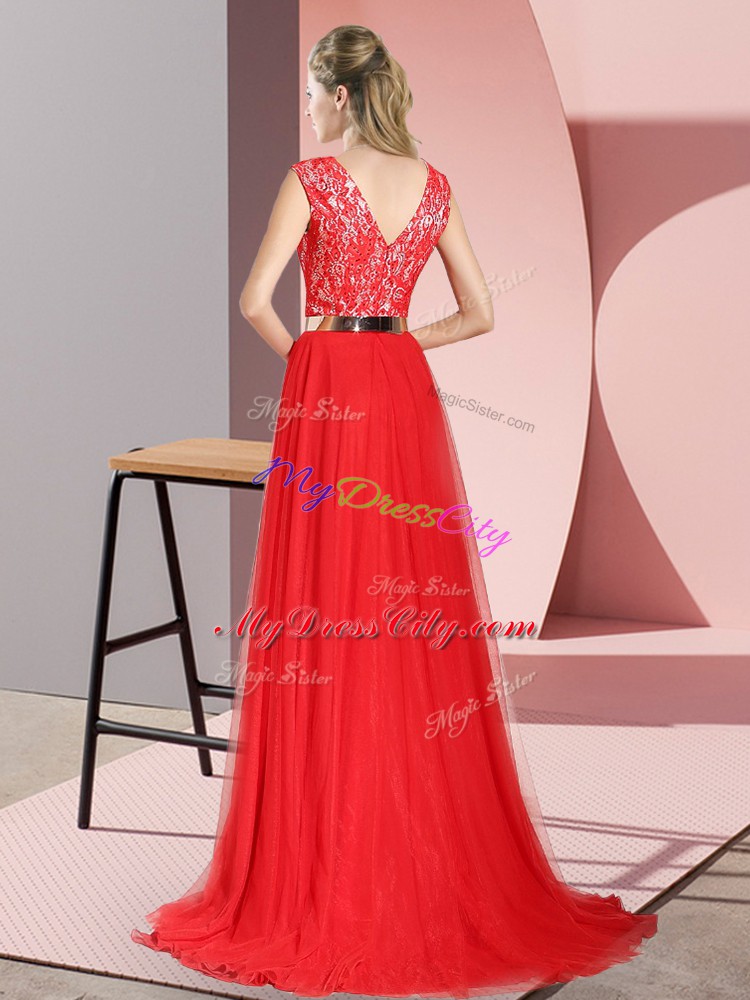 Fashionable Sweep Train Empire Evening Dress Blue V-neck Tulle Sleeveless Zipper