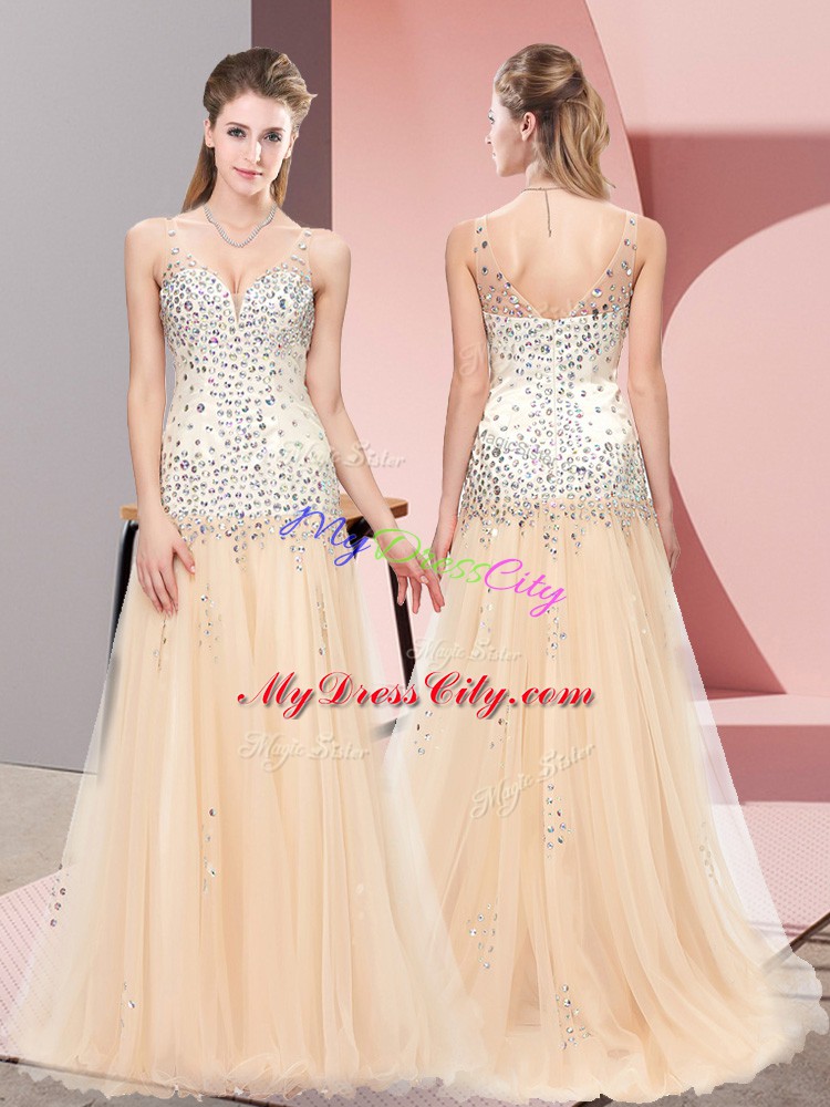 Champagne Zipper V-neck Beading Tulle Sleeveless Sweep Train