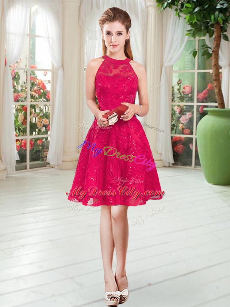 Red A-line Scoop Sleeveless Knee Length Zipper Lace Evening Dress