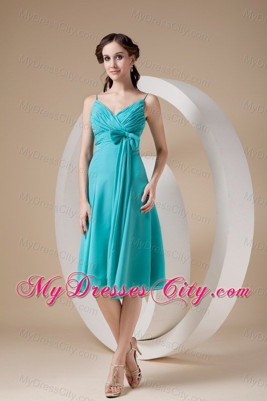 Spaghetti Straps Ruching Bowknot Chiffon Dresses For Bridesmaid