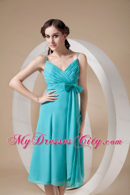 Spaghetti Straps Ruching Bowknot Chiffon Dresses For Bridesmaid