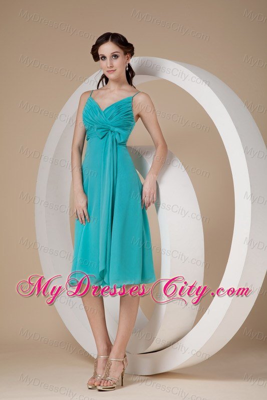 Spaghetti Straps Ruching Bowknot Chiffon Dresses For Bridesmaid