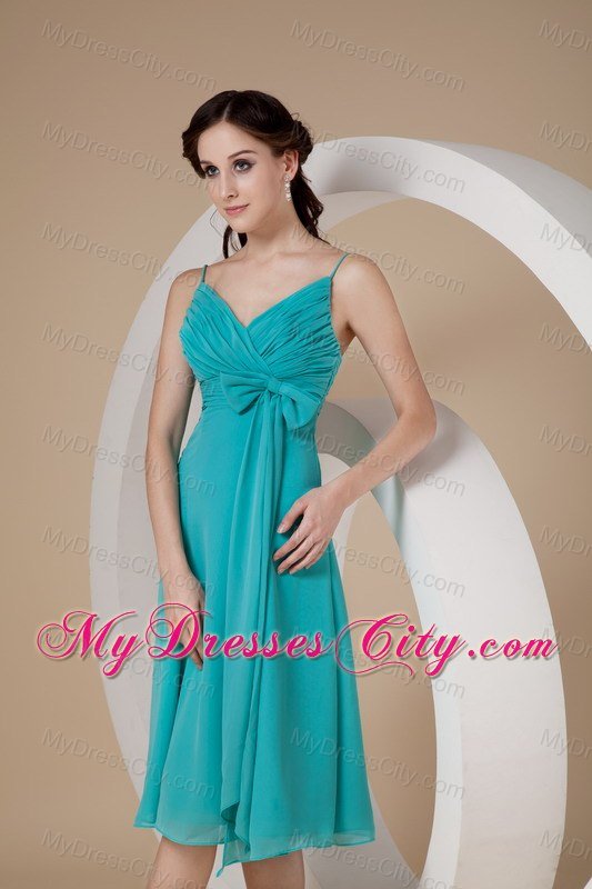 Spaghetti Straps Ruching Bowknot Chiffon Dresses For Bridesmaid