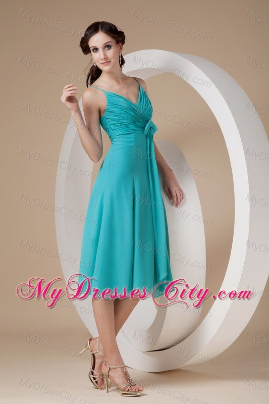 Spaghetti Straps Ruching Bowknot Chiffon Dresses For Bridesmaid