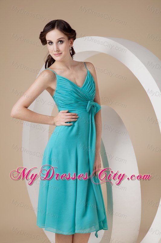 Spaghetti Straps Ruching Bowknot Chiffon Dresses For Bridesmaid