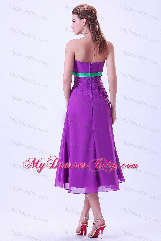 Purple Tea-length Chiffon Column Bridemaid Dress with Green Belt