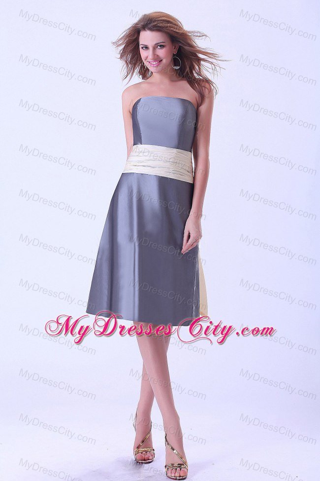 Strapless Grey Knee-length Satin Bridemaid Dress with Champagne Sash