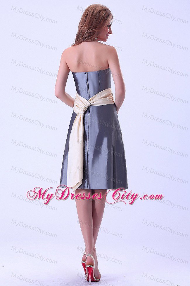 Strapless Grey Knee-length Satin Bridemaid Dress with Champagne Sash