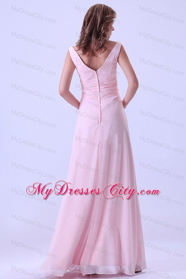 Floor-length Baby Pink V-neck Chiffon Maternity Bridesmaid Dress