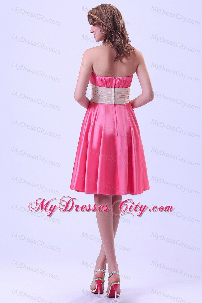 Knee-length Hot Pink Ruching Bridesmaid Dress with Champagne Belt