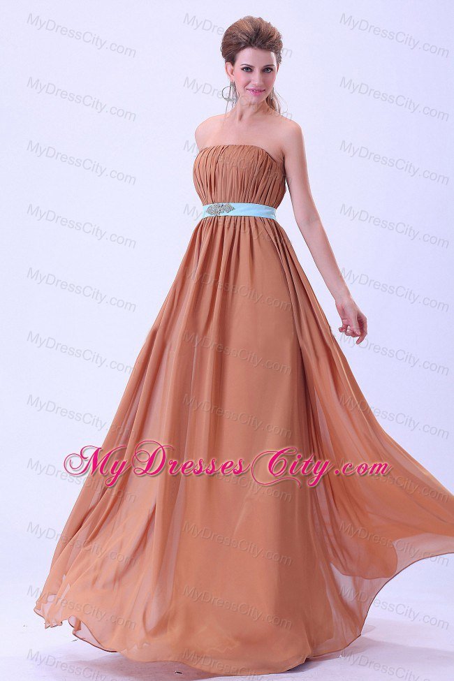 Rust Red Floor-length Ruching Chiffon Dresses For Bridesmaid with Blue Belt