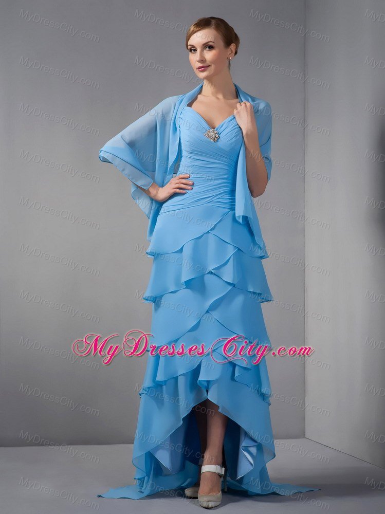 Sky Blue Column High-low Ruched Layers Maid of Honor Dress with Shawl