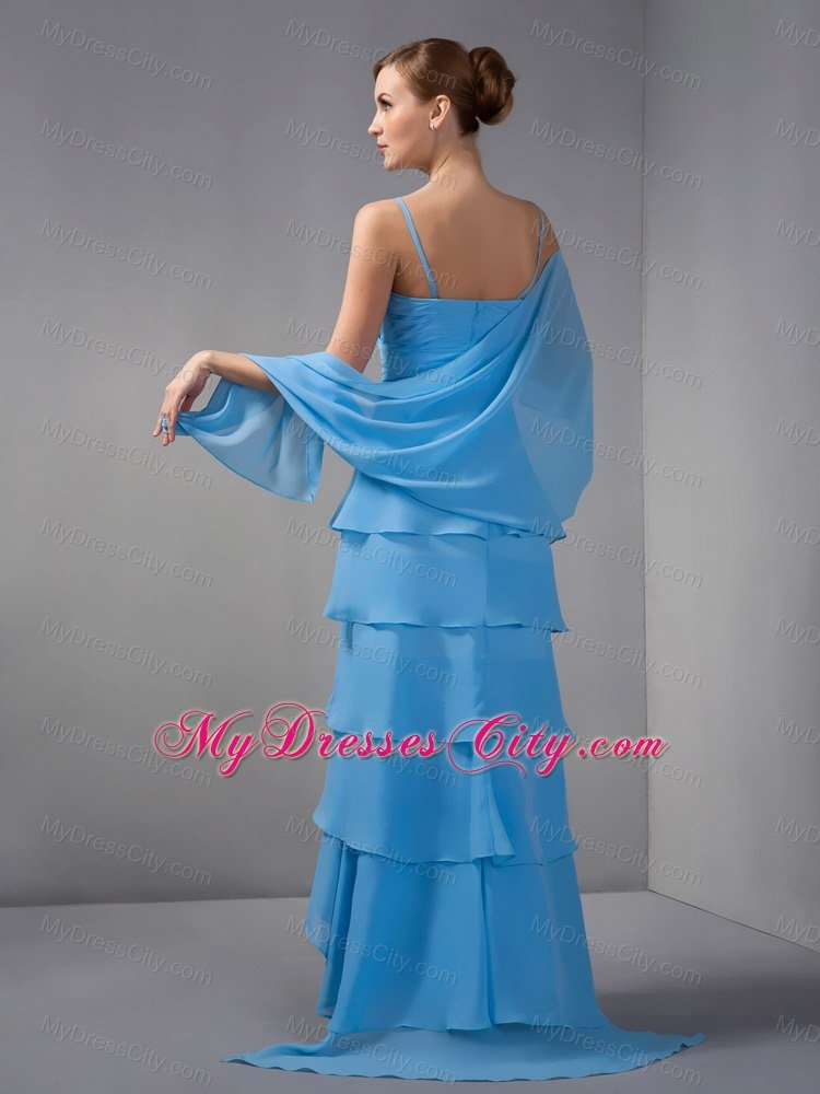 Sky Blue Column High-low Ruched Layers Maid of Honor Dress with Shawl