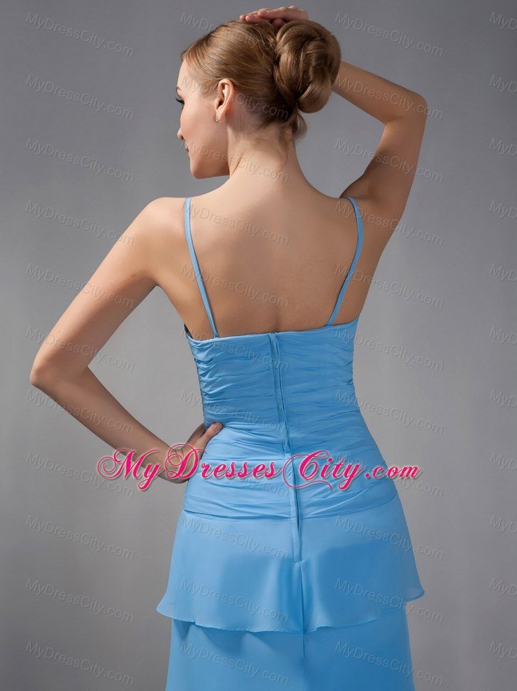 Sky Blue Column High-low Ruched Layers Maid of Honor Dress with Shawl