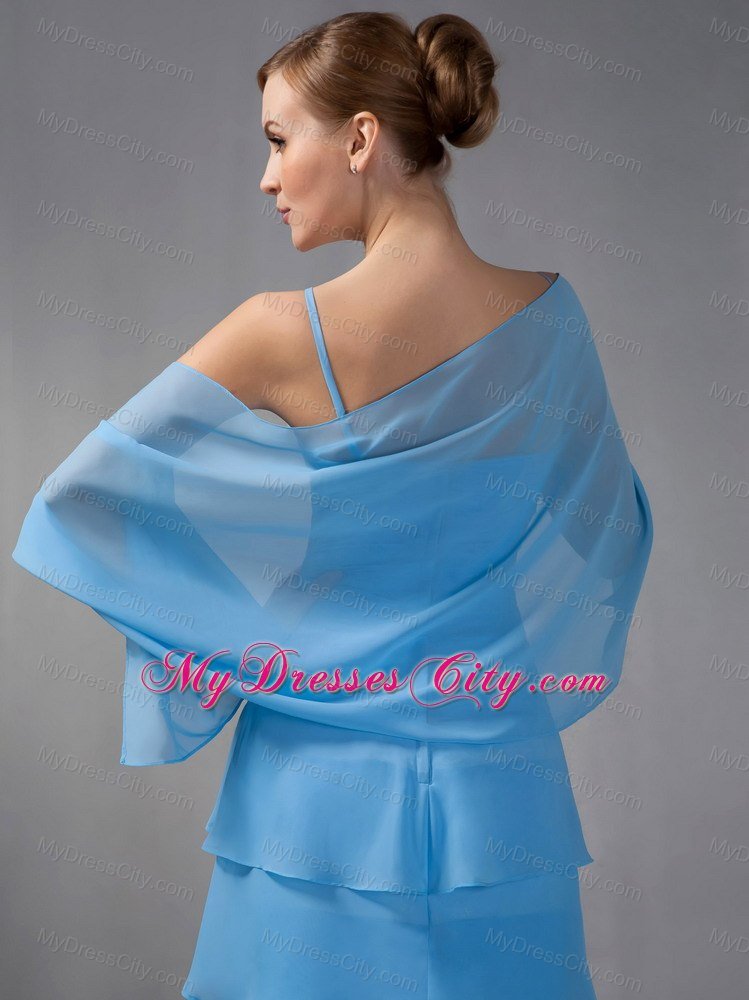 Sky Blue Column High-low Ruched Layers Maid of Honor Dress with Shawl