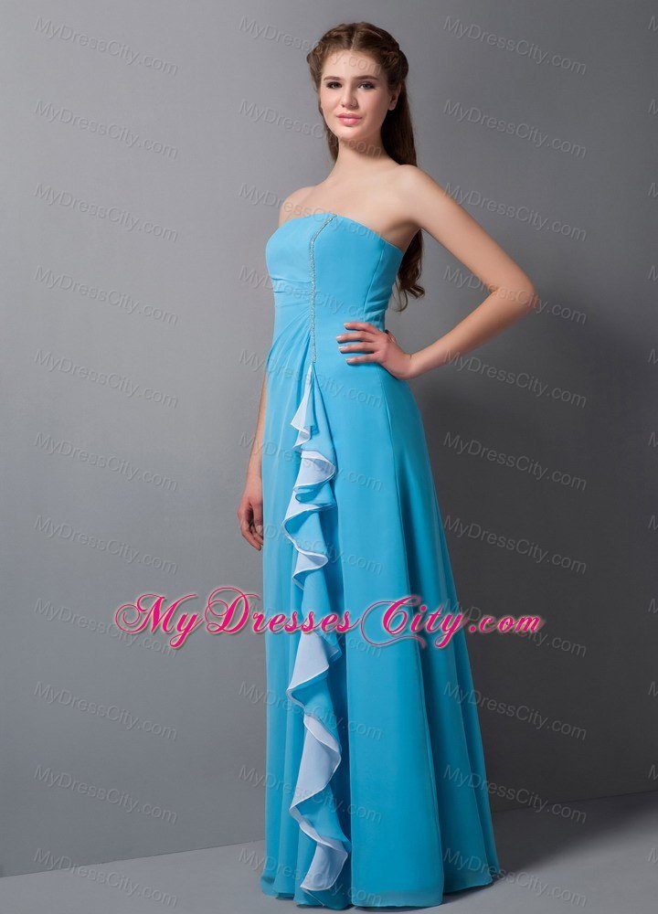 Baby Blue Column Strapless Floor-length Ruches Chiffon Bridesmaid Dress