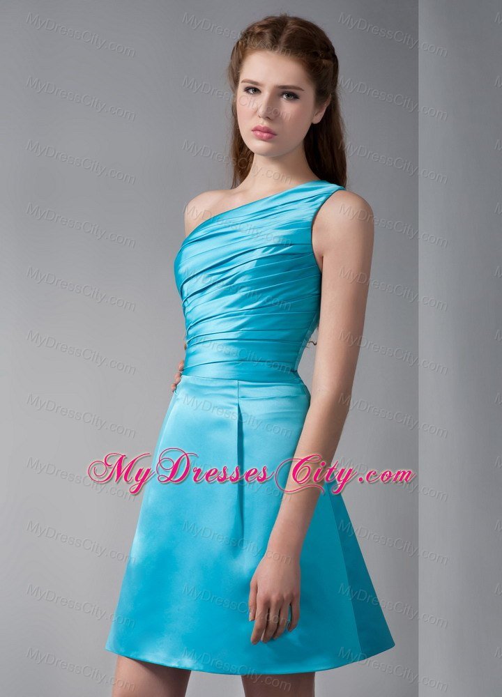 Aqua Blue A-line One Shoulder Mini-length Taffeta Ruche Bridesmaid Dress