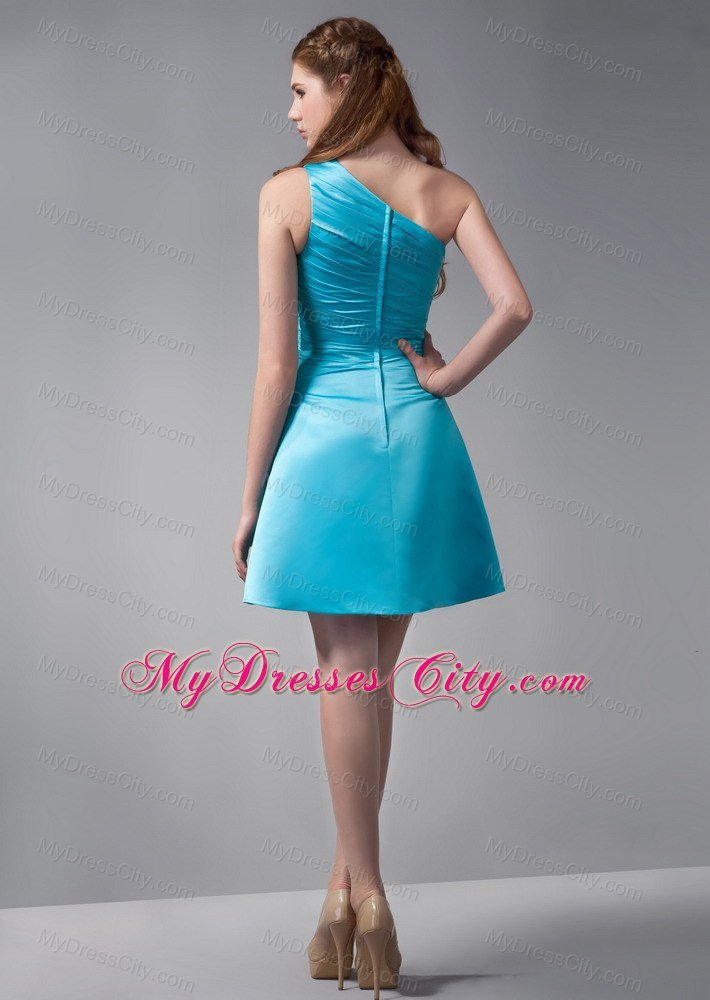 Aqua Blue A-line One Shoulder Mini-length Taffeta Ruche Bridesmaid Dress